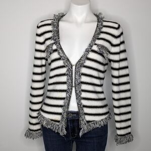Vintage Cache Black White Striped Gold Long Sleeve Fringe Cardigan Sweater M